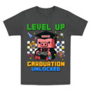 Level Up Graduation Unlocked Shirt, Custom Minecraft-Inspired Class of 2025 T-Shirt with Name, Gamer Grad Gift for Kids or Teens, Pixel Style Cap and Gown Tee, Trendy T-Shirts