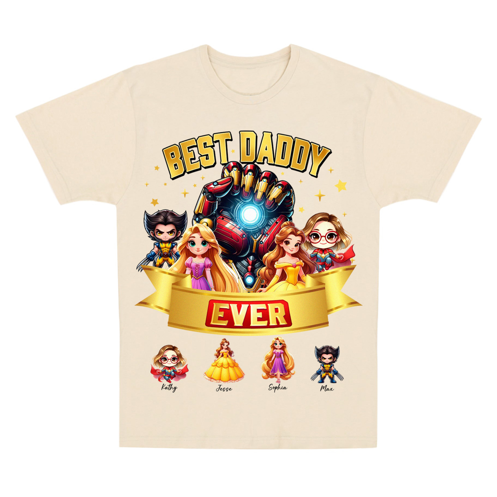 Best Daddy Ever Shirt, Custom Father’s Day Gift from Kids, Superhero and Princess Matching Family Shirt, Personalized Dad Shirt with Children’s Characters, Trendy T-Shirts