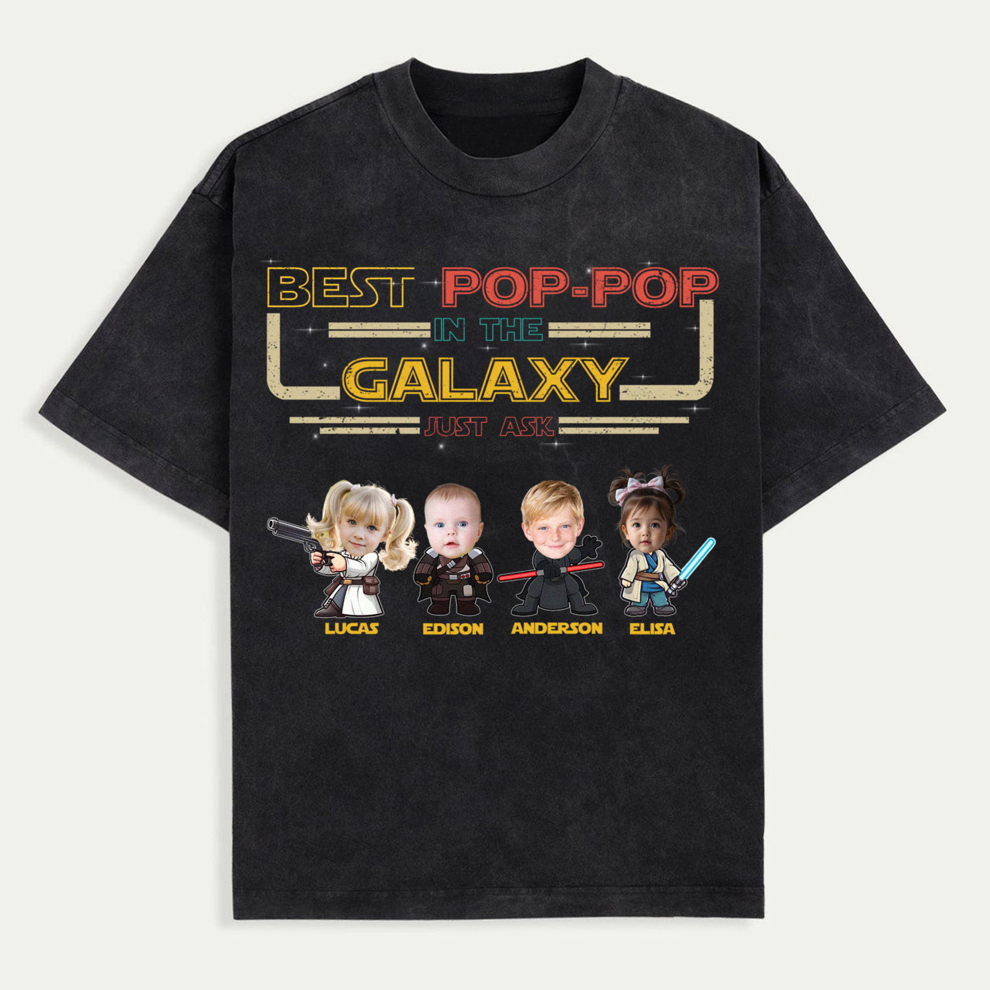 Best Pop-Pop in the Galaxy Shirt, Custom Star Wars Grandpa T-Shirt with Grandkids' Faces, Personalized Father's Day Gift for Grandpa, Jedi Family Matching Tee, Trendy T-Shirts