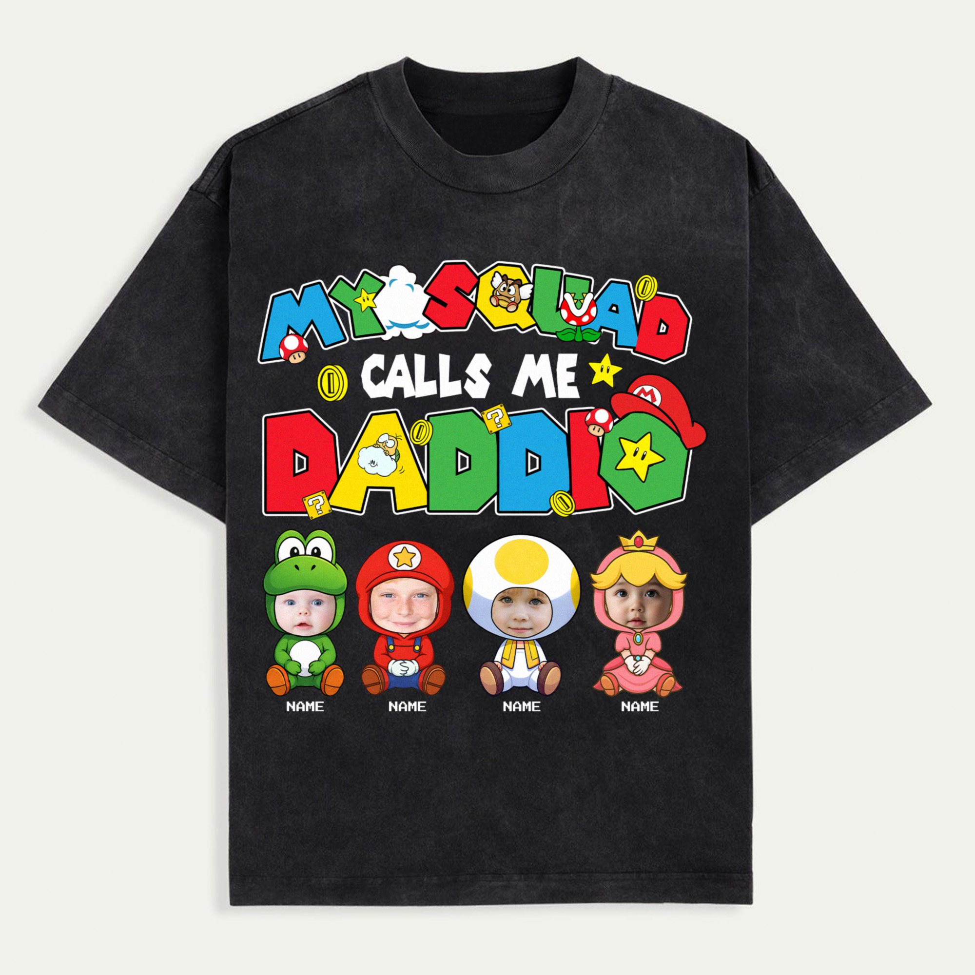 My Squad Calls Me Daddio Shirt, Custom Father's Day T-Shirt with Kids' Faces in Mario Costumes, Personalized Gamer Dad Gift, Funny Nintendo-Themed Dad Tee, Unisex Trendy T-Shirts