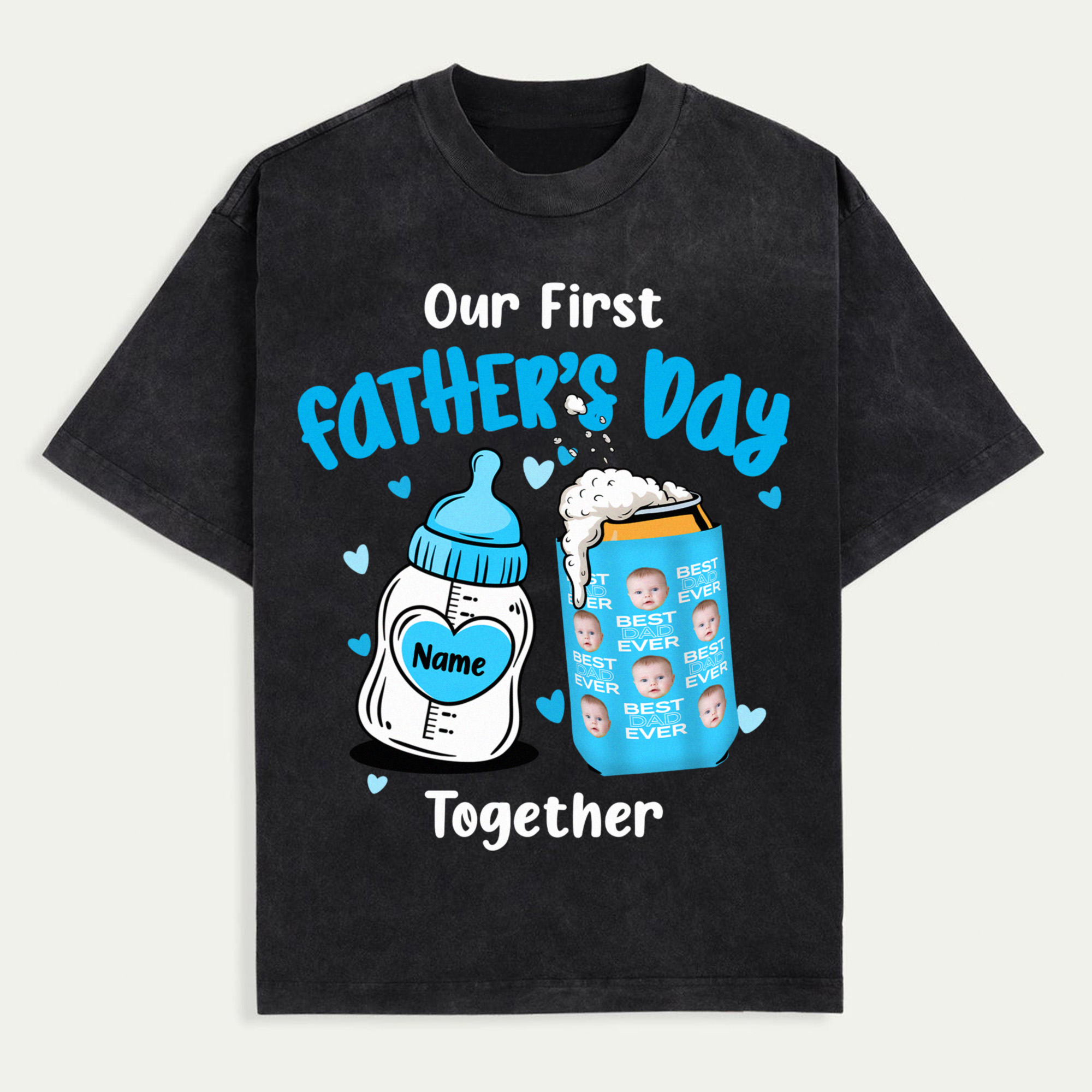 Our First Father's Day Together Shirt, Custom Baby Bottle and Beer Can Tee with Name and Photo, Personalized Gift for New Dads, Cute First Father’s Day T-Shirt, Trendy T-Shirts