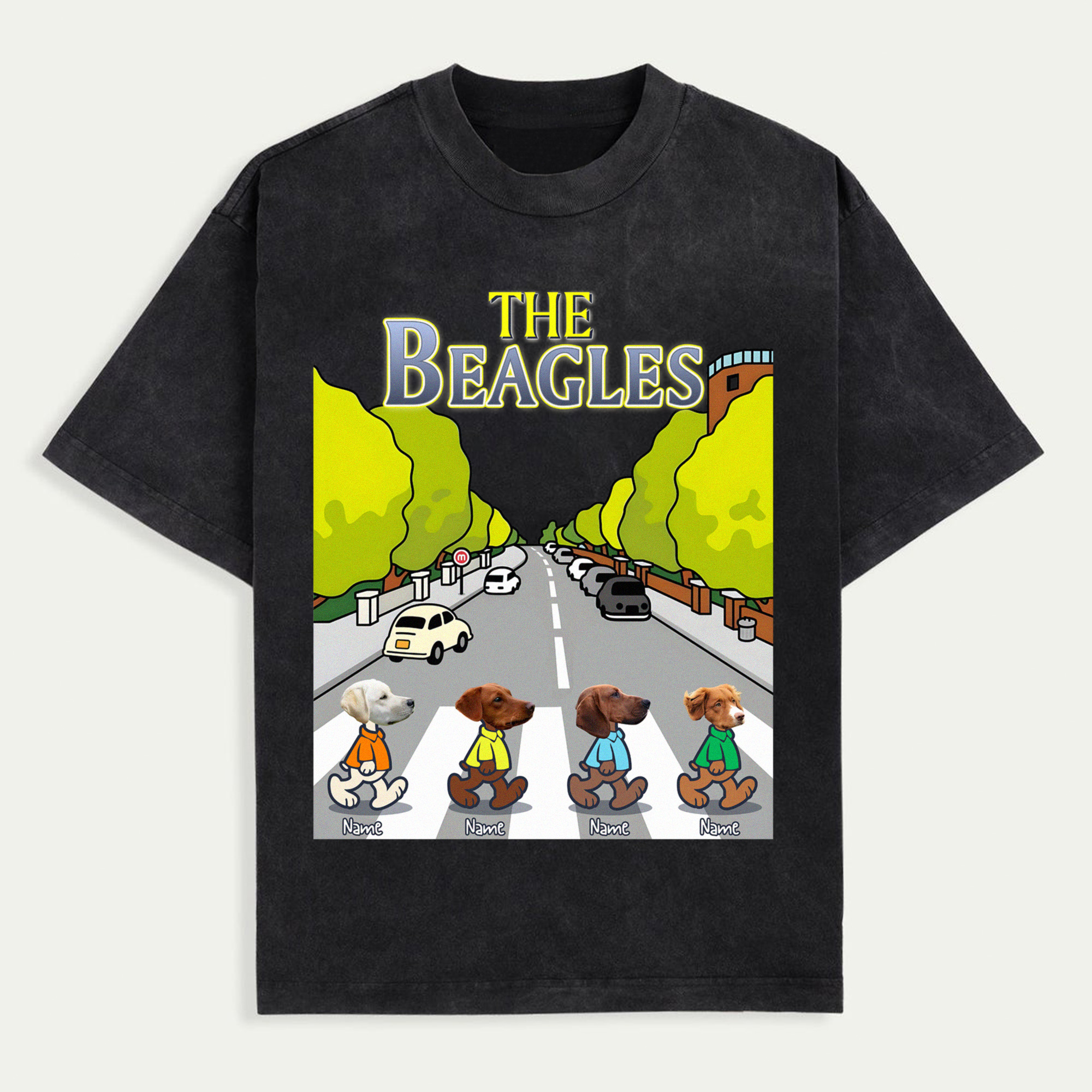 The Beagles Abbey Road Dog Shirt, Custom Cartoon Dog Band T-Shirt with Pet Names, Funny Beatles Parody Pet Lover Tee, Personalized Dog Dad Mom Gift, Trendy T-Shirts
