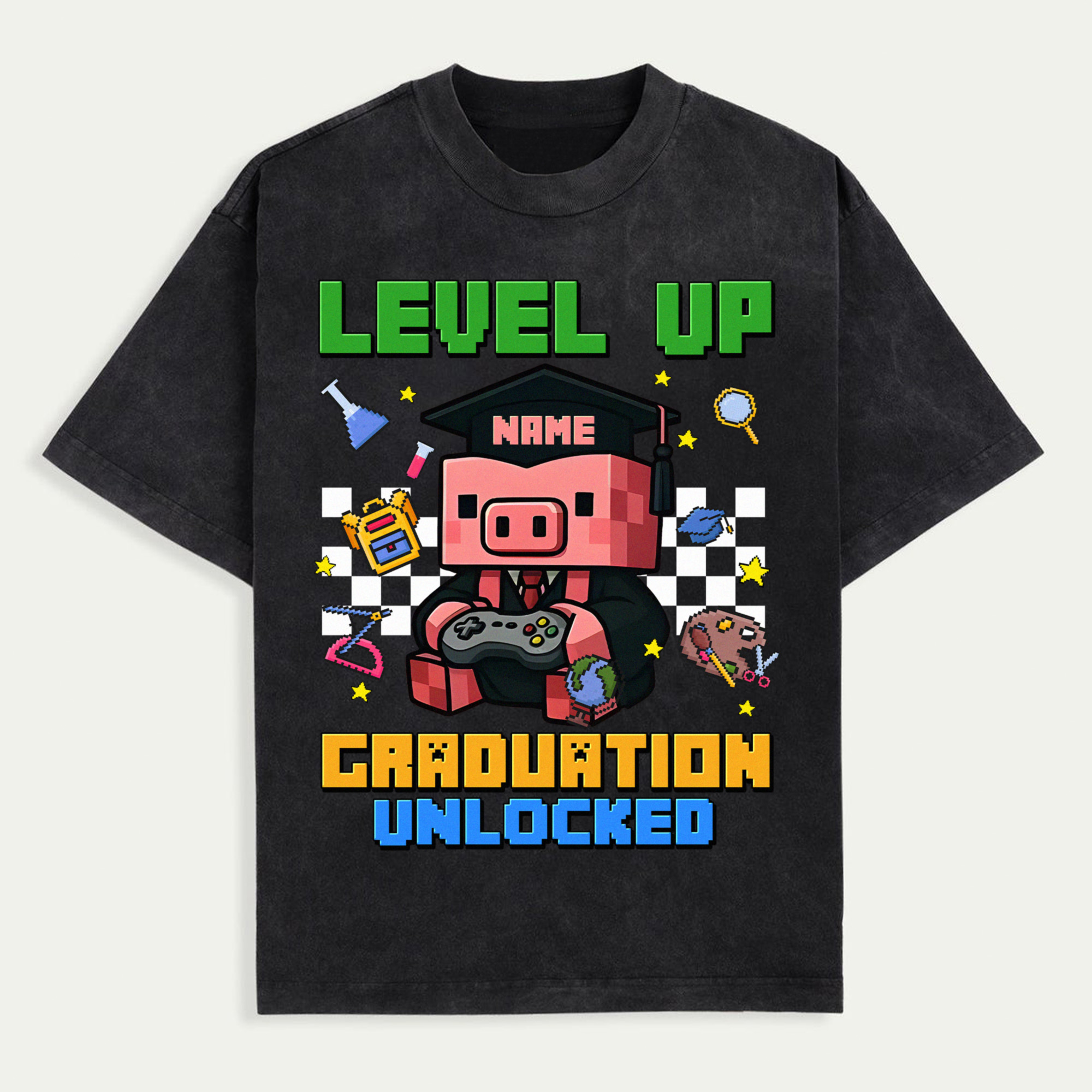 Level Up Graduation Unlocked Shirt, Custom Minecraft-Inspired Class of 2025 T-Shirt with Name, Gamer Grad Gift for Kids or Teens, Pixel Style Cap and Gown Tee, Trendy T-Shirts