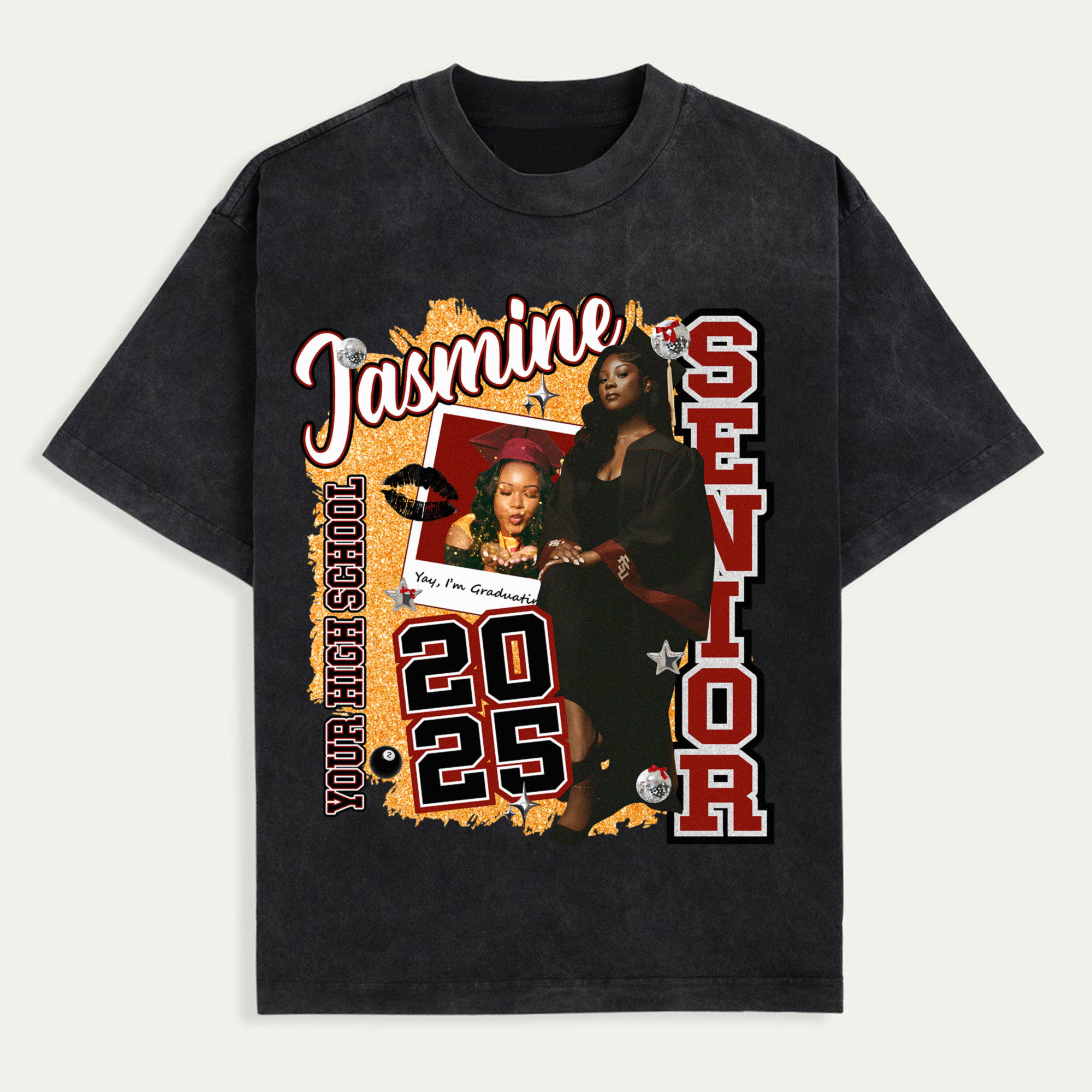 Class of 2025 Graduation Shirt For Girls, Bling Senior Photo Tee, Custom Name And School Shirt, Sparkly Trendy Grad Shirt For Her, Personalized Graduation Gift