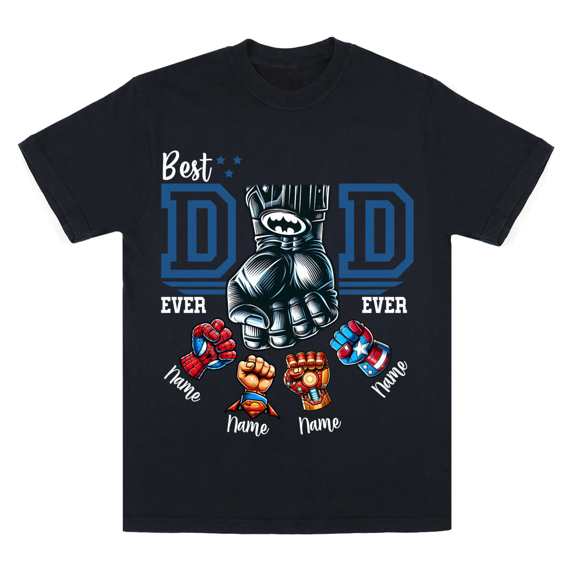 Best Dad Ever Superhero Fist Bump Shirt, Custom Father's Day Gift from Kids, Personalized Hero Dad Shirt with Children’s Names, Marvel DC Mashup Design, Trendy T-Shirts