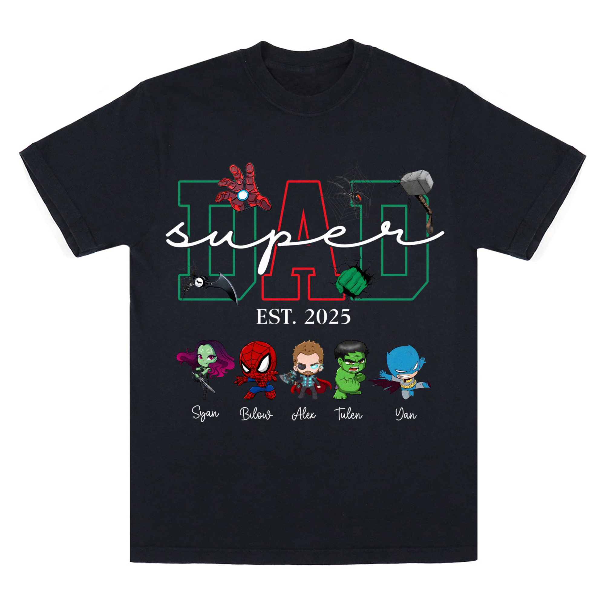 Super Dad Est. 2025 Shirt, Custom Father's Day T-Shirt with Kids’ Names and Marvel Characters, Personalized Superhero Dad Gift, Matching Family Tee, Trendy T-Shirts