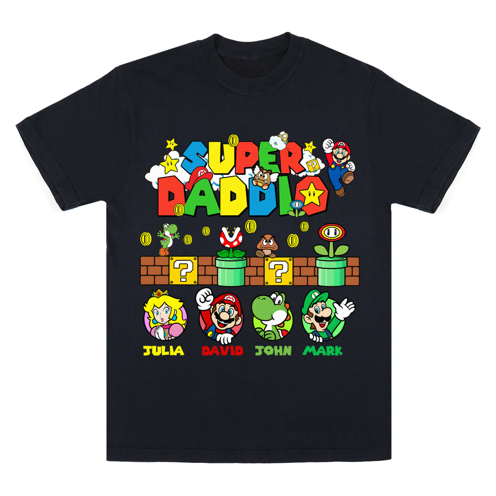 Super Daddio Custom Father's Day Shirt, Personalized Mario Dad Shirt with Kids' Names, Gamer Dad Gift, Matching Family Nintendo Shirt, Trendy T-Shirts