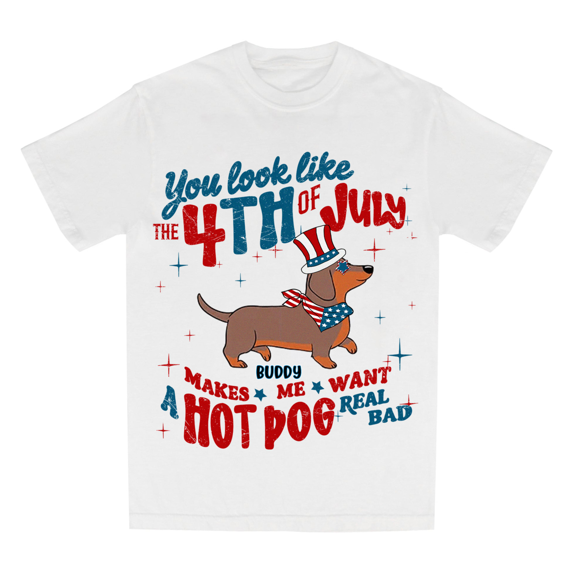 Happy 4th July Red White Dog Personalized T-Shirt, You Look Like the 4th of July T-Shirt, Retro America Hot Dog Shirt, Brushstroke 4th July T-Shirt