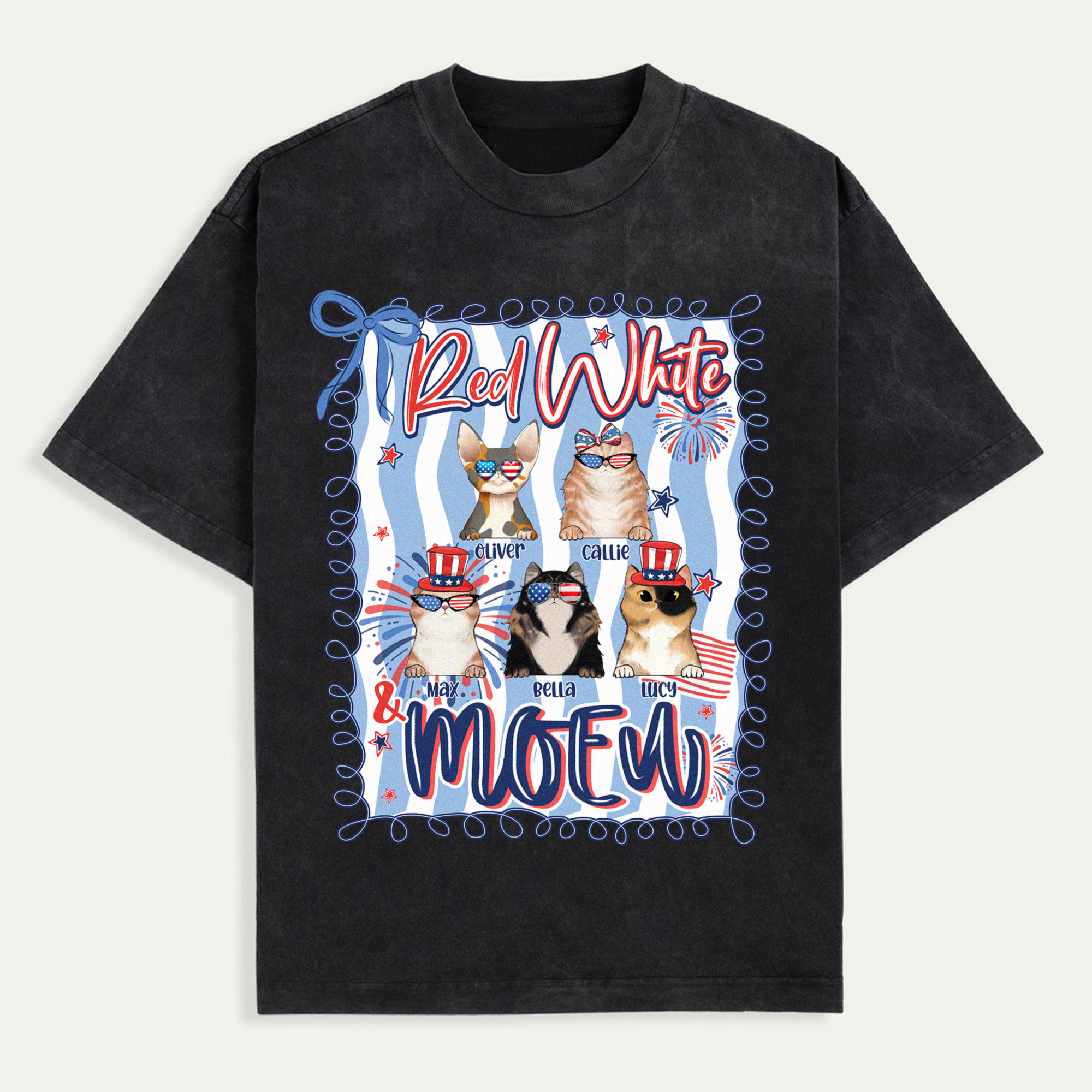 Personalized Shirt Red White & Meow With 4Th Of July Pattern Shirt, Independence Tee, Red White & Meow