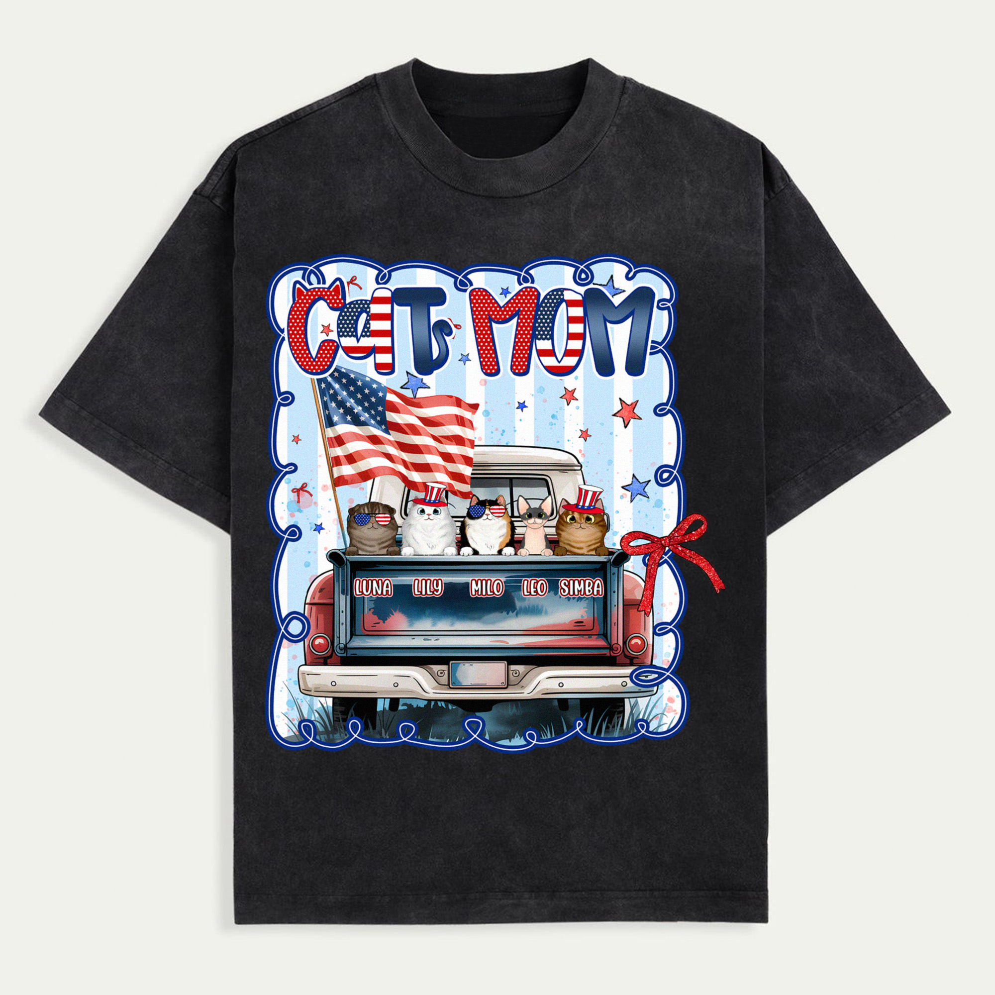 Happy 4th July Cat Mom Blue Car Cat Personalized T-Shirt, Custom 4th Of July Cat and Name Tee, US Independence Day Gift for Cat Lovers, Cat Mom, Cat Dad