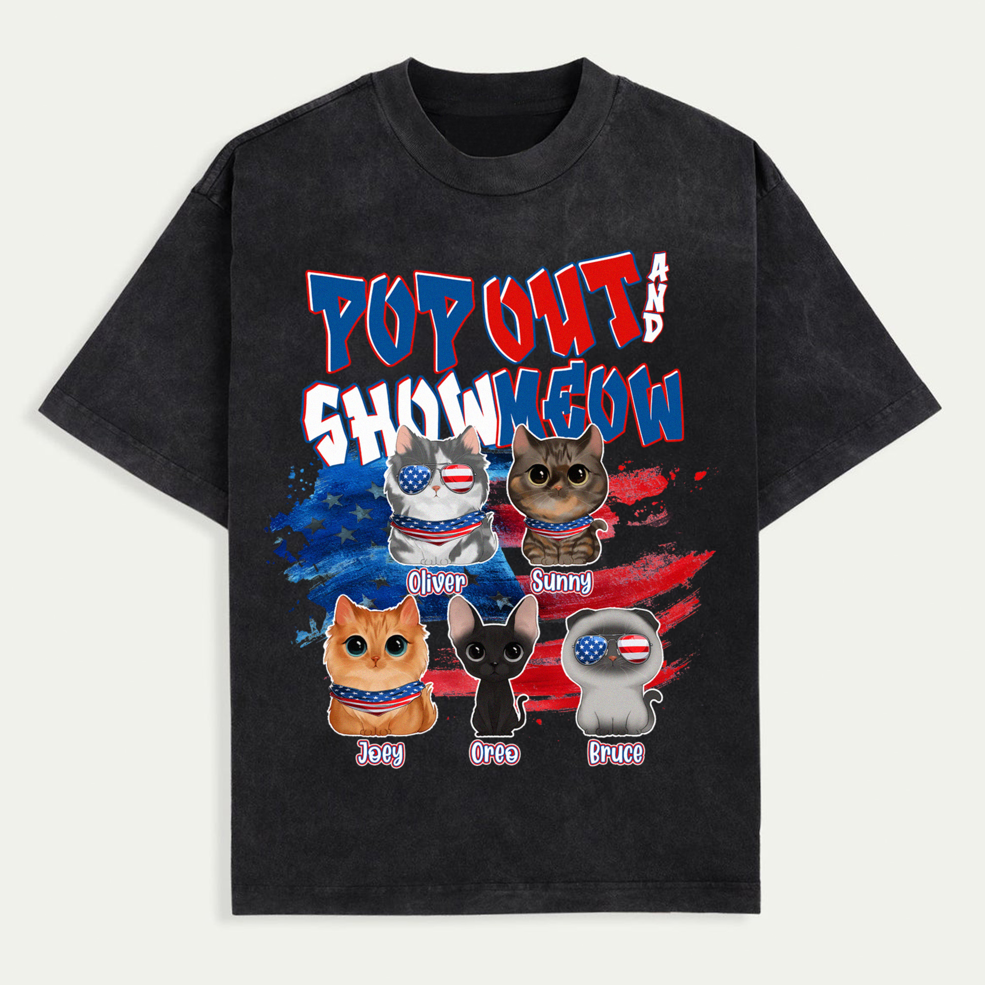 Happy 4th July Red White Meow Cat Personalized T-Shirt, Pop Out And Show Meow Shirt, US Independence Day Gift for Cat Lovers, Cat Mom, Cat Dad