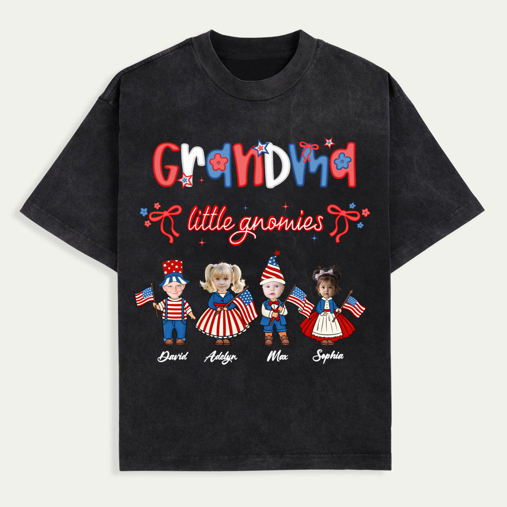 Grandma's Little Gnomies Happy Fourth 4th Of July, Personalized Custom Kids Names T Shirt, Independence Day, Birthday, Loving, Funny Gift for Patriotic Grandma/Nana/Mimi, Mom, Wife, Grandparent
