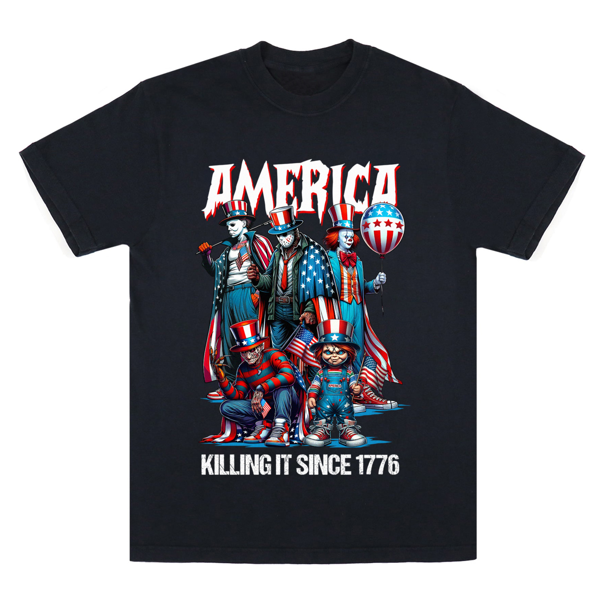 Horror 4th of July Family Matching Shirts, America Killing It Since 1776 T-Shirt, Personalized Patriotic Horror Character Shirt, Independence Day Family Outfit